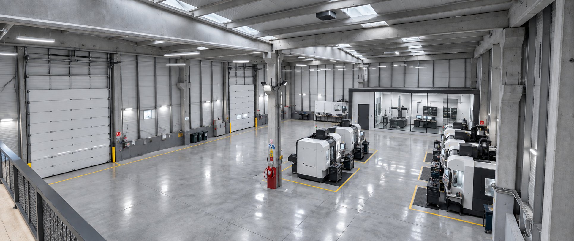 Eitri atölyesinin genel görünümü: CNC işleme merkezleri ve ölçüm laboratuvarı